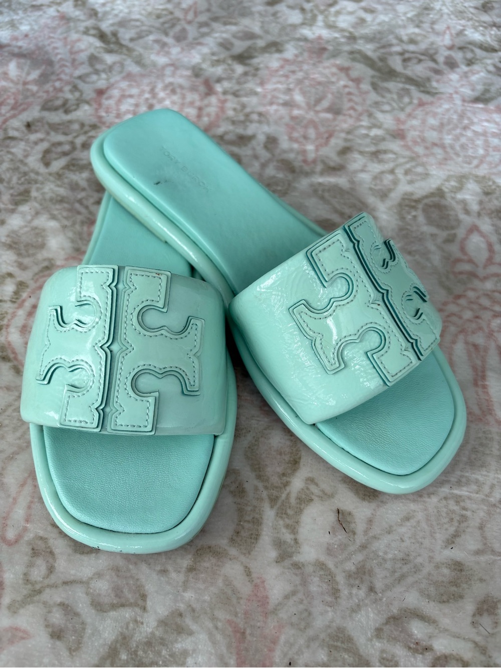 Tory Burch Mint Green Logo Slide Sandals